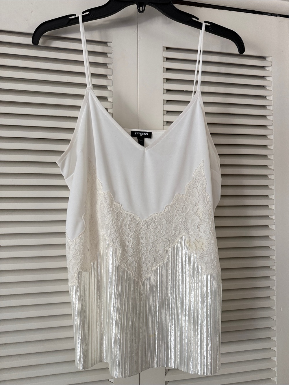 Express White Lace Cami with Metallic Fringe